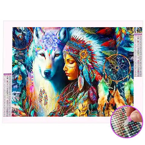 Broderie Diamant Loup et Indienne