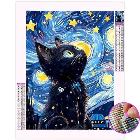 Broderie Diamant Chat Nuit Étoilée
