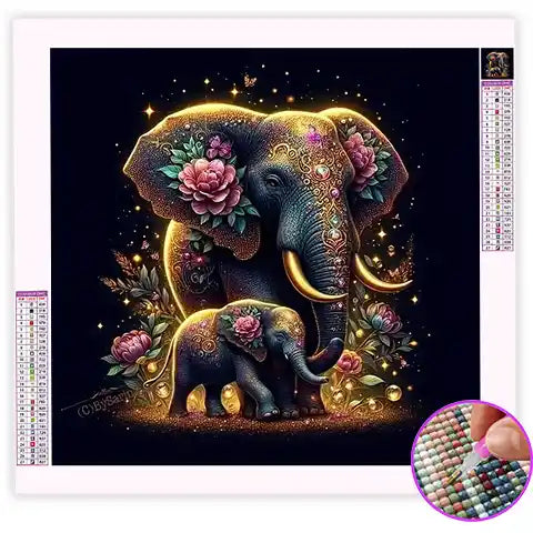 Broderie Diamant Éléphant et Fleurs