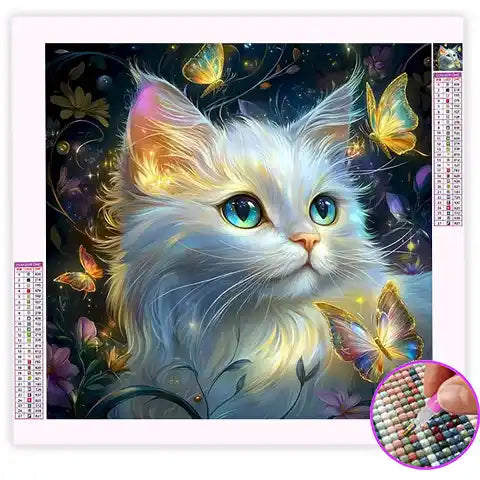 Broderie Diamant Chat Blanc