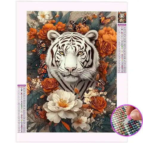 Broderie Diamant Tigre blanc Fleurs