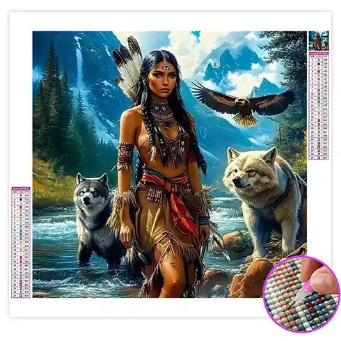 Broderie Diamant Loup et Indienne