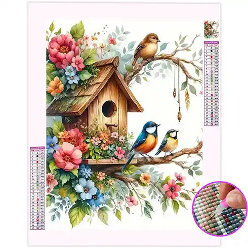 Broderie Diamant Oiseaux Cabane