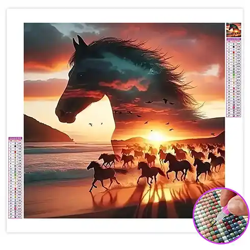 Broderie Diamant Cheval Coucher de Soleil