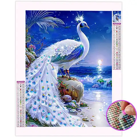 Broderie Diamant Paon Blanc