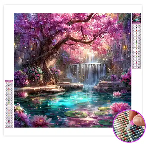 Broderie Diamant Paysage Cascade Arbre
