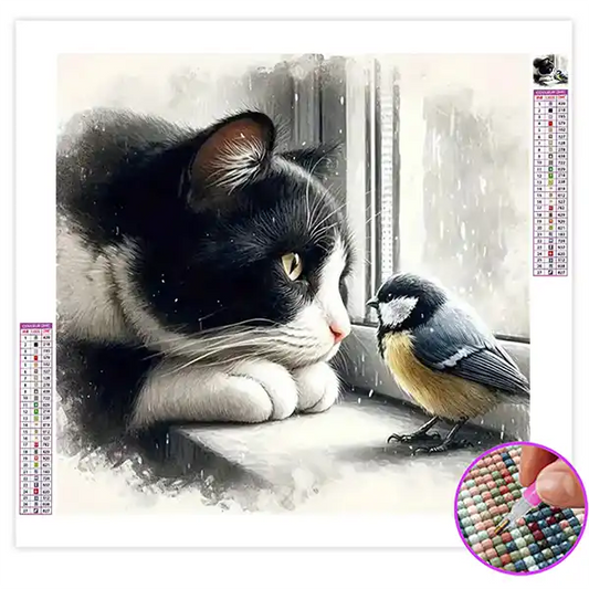 Broderie Diamant Chat Oiseau