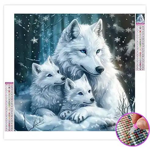 Broderie Diamant Loup Blanc