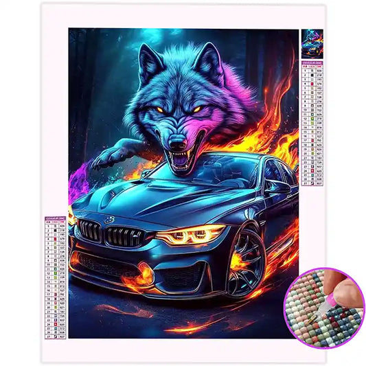 Broderie Diamant Loup Voiture