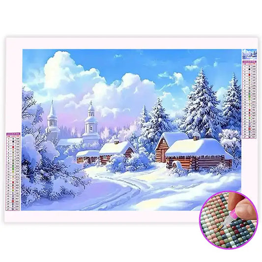 Broderie Diamant Village de Montagne sous la Neige